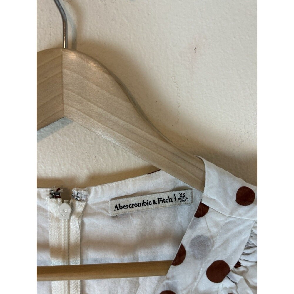 Abercrombie & Fitch XS Polka Dot Mini Dress Tie Cinch Front White Brown Puff - Picture 4 of 6